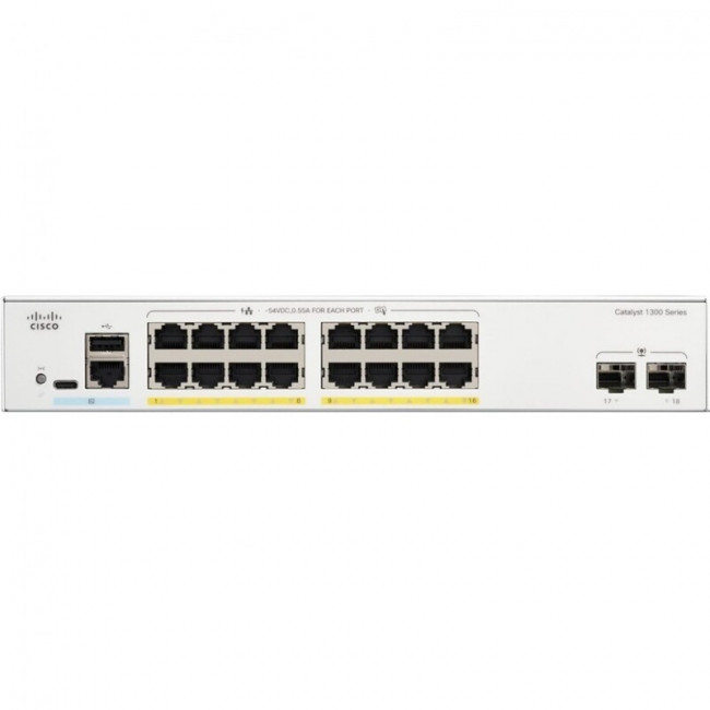 Комутатор Cisco Catalyst C1300-16P-2G (16хGE PoE, 2xGE SFP, 120 Вт, USB, керований)
