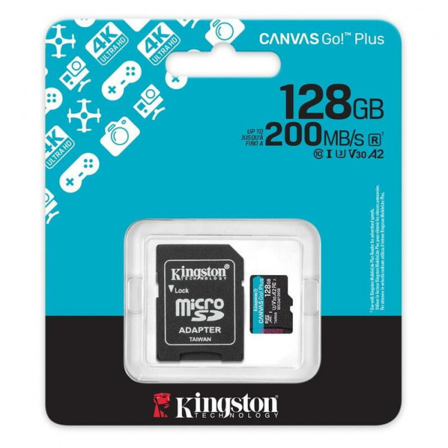 Карта пам`яті MicroSDXC 128GB UHS-I/U3 Class 10 Kingston Canvas Go! Plus R200/W200MB/s + SD-адаптер (SDCG4/128GB)