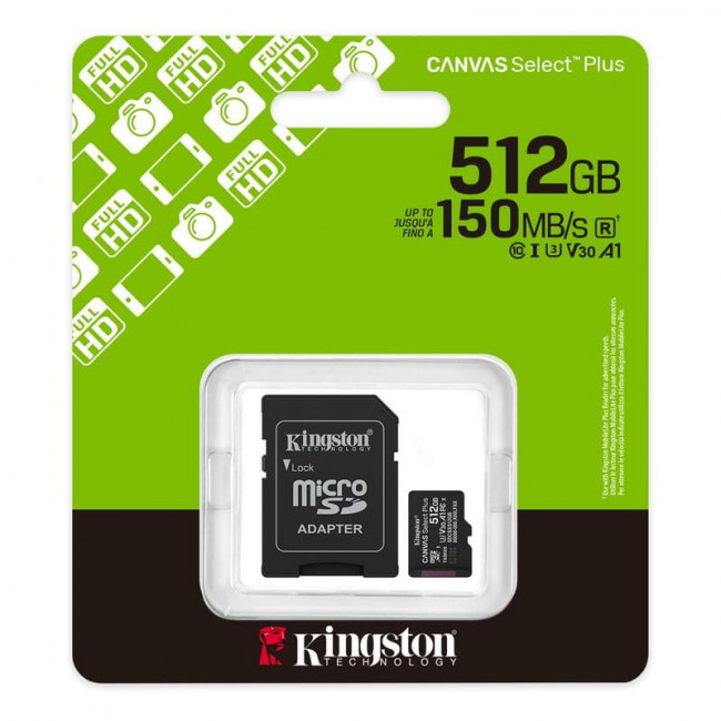 Карта пам`яті MicroSDXC 512GB UHS-I Class 10 Kingston Canvas Select Plus R150MB/s + SD-адаптер (SDCS3/512GB)